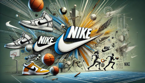 Collage of Nike branding with dynamic sports imagery, including athletes in motion and the iconic Nike swoosh logo.