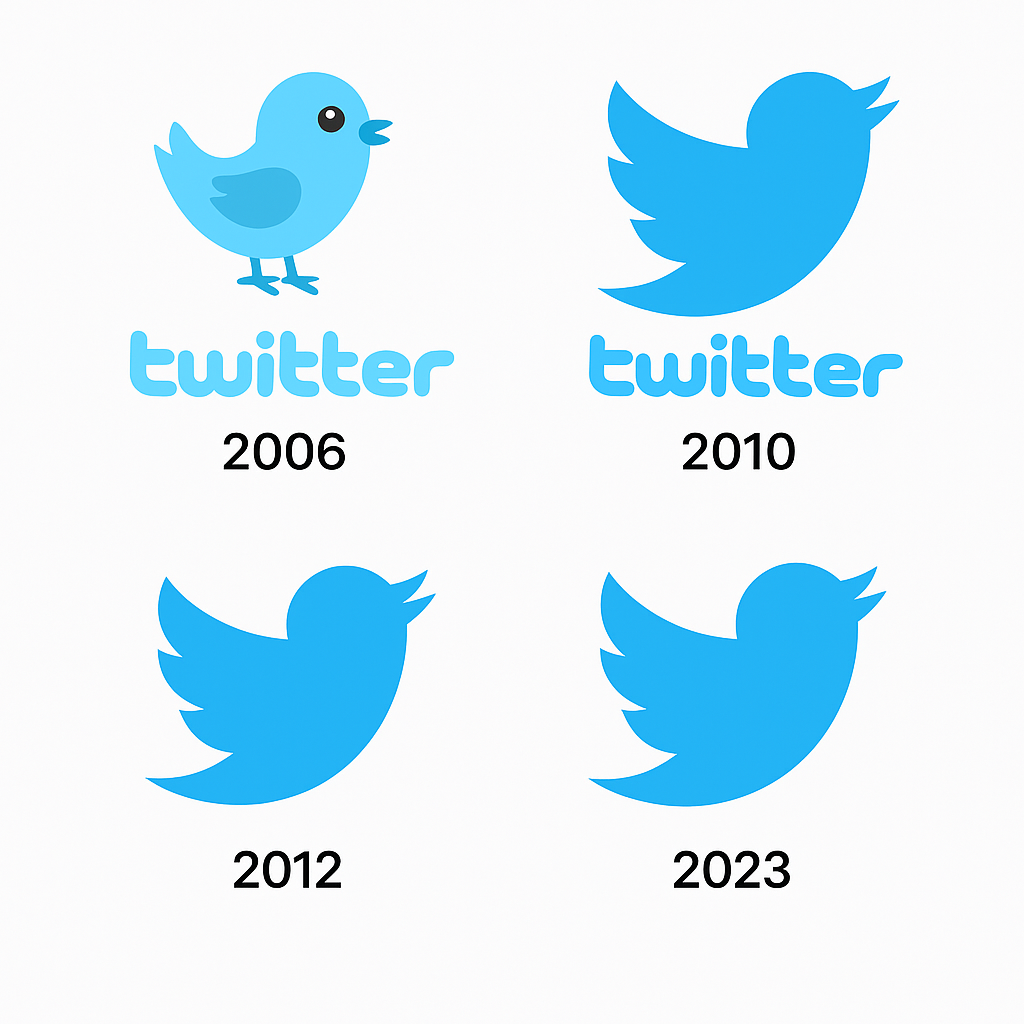 Collage showing the evolution of the Twitter logo from 2006 to 2023, with each version of the bird logo and corresponding year labeled.