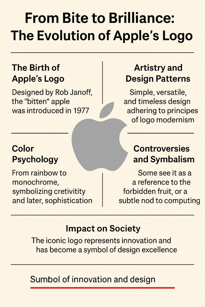 Infographic showing the evolution of Apple’s logo from 1976 to the present, including Newton illustration, rainbow apple, monochrome apple, and glossy silver version.