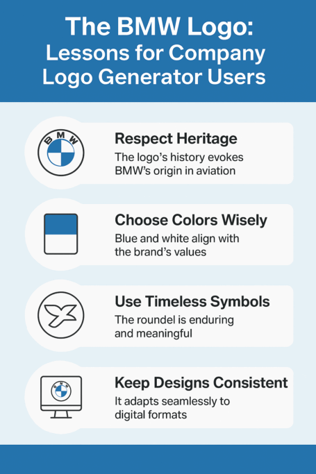 Infographic showing four key branding lessons inspired by the BMW logo: respecting heritage, choosing colors wisely, using timeless symbols, and maintaining design consistency.