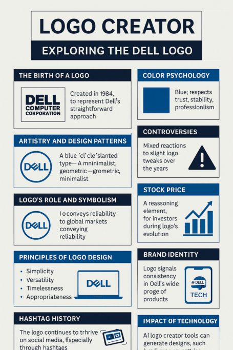 Infographic titled “Logo Creator: Exploring the Dell Design Blueprint,” highlighting the brand’s use of color psychology, minimalism, symbolism, and adaptability in logo design.