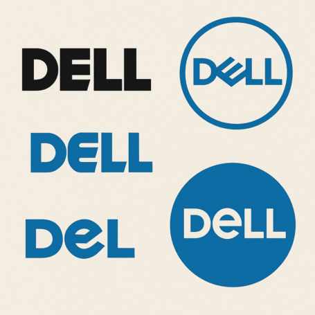 A digital collage showing Dell’s logo transformations from its early 1980s blocky wordmark to the modern blue circle with slanted lettering, reflecting design evolution over four decades.