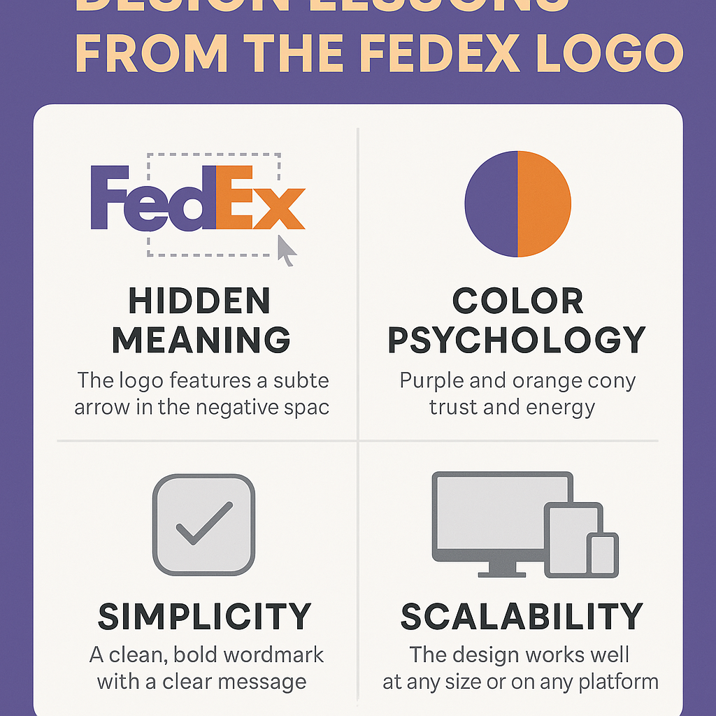 Infographic summarizing four key design lessons from the FedEx logo: hidden meaning, color psychology, simplicity, and scalability, presented on a bold purple background.