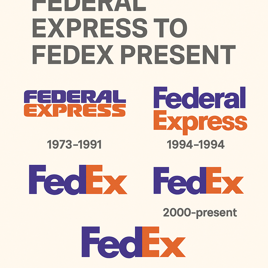 Vertical infographic showing the evolution of the FedEx logo from 1973 to the present, including major redesigns and the introduction of the iconic hidden arrow.