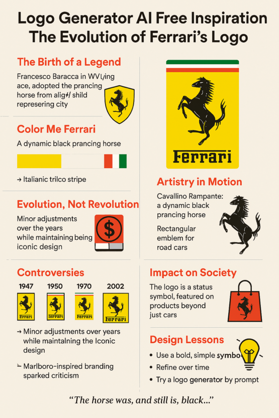 Infographic titled “Logo Generator AI Free Inspiration” showcasing Ferrari logo evolution, design milestones, color psychology, controversies, and branding lessons.