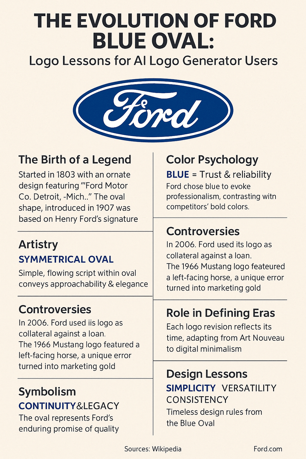 Infographic showing the evolution of Ford’s Blue Oval logo, including its origin in 1903, use of blue for trust, iconic oval shape, historical controversies, design principles, and branding lessons for AI logo generator users.