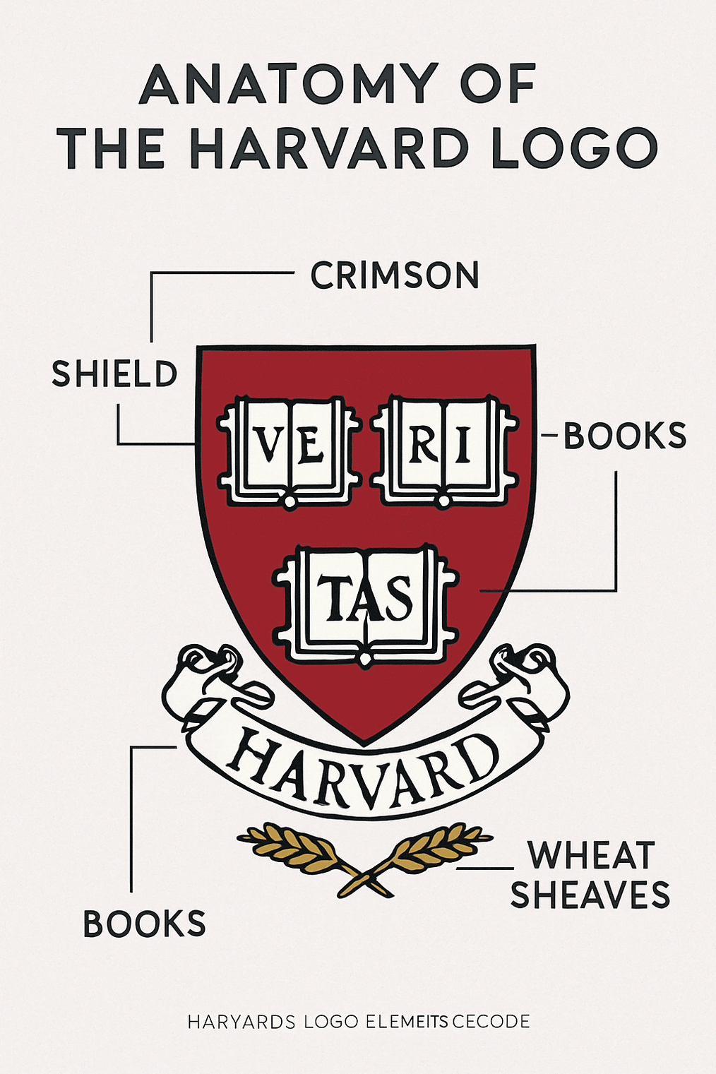 Diagram of Harvard logo elements with labels for shield, crimson, Veritas, books, and wheat sheaves.