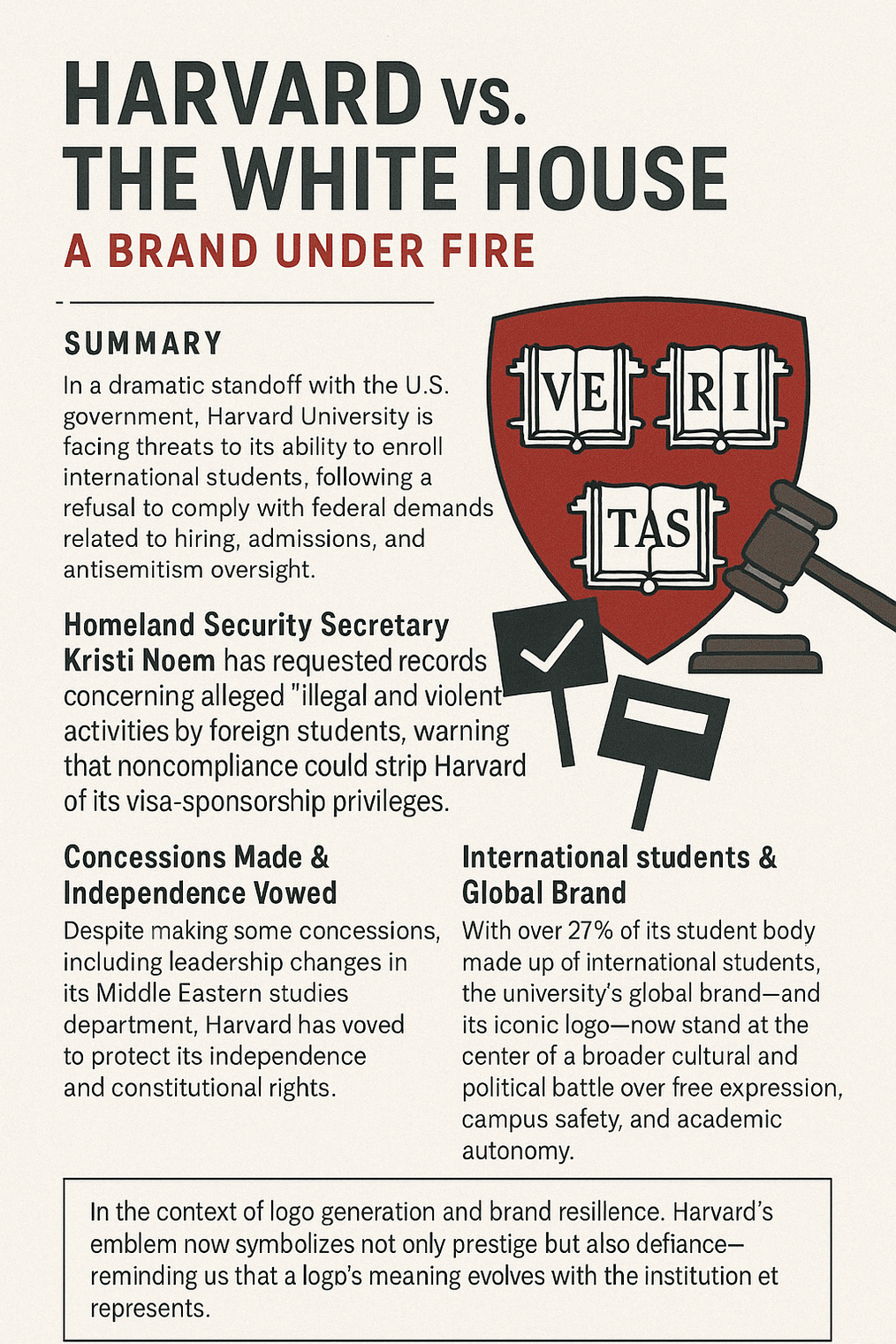 Infographic summarizing the U.S. government's threats against Harvard, highlighting visa restrictions, funding freeze, and Harvard’s response defending its independence and global brand.