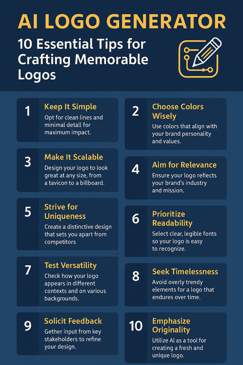 AI Logo Generator: 10 Essential Tips for Crafting Memorable Logos” featuring design advice such as simplicity, scalability, and originality.