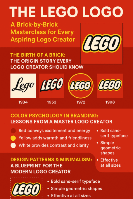 Infographic illustrating the evolution of the Lego logo, color psychology insights, and minimalist design tips for aspiring logo creators.