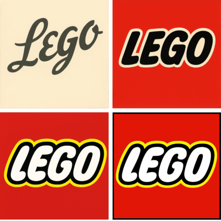 A 2x2 collage showing four versions of the Lego logo from different decades, demonstrating its evolution in style and branding.