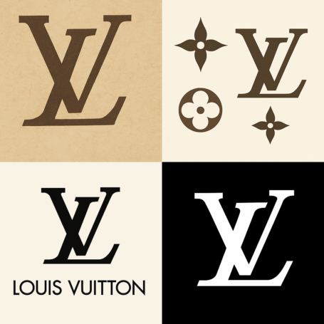 A 2x2 collage showing four stages of the Louis Vuitton logo design, from vintage monogram to modern minimalist reinterpretations.