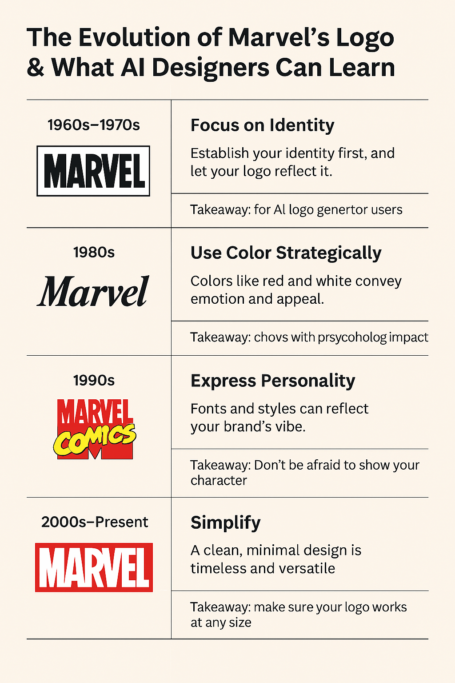 Infographic showing Marvel logo versions from the 1960s to 2000s alongside design tips for AI logo generator users, including lessons on identity, color psychology, personality, and simplicity.