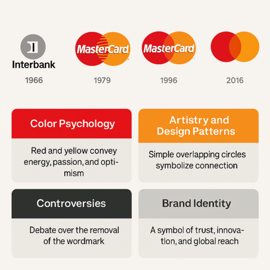 Infographic showcasing Mastercard logo designs from 1966 to 2016, highlighting color psychology, minimalist design patterns, branding consistency, and the debate over removing the wordmark.