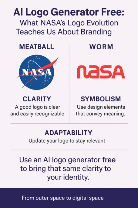 Infographic showing NASA meatball and worm logos with branding principles and message about using an AI logo generator free