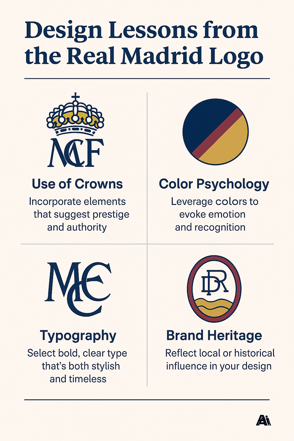 Infographic highlighting four key design lessons from the Real Madrid logo, including the use of crowns, color psychology, typography, and historical branding elements.
