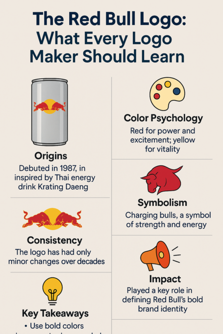 Infographic explaining key lessons from the Red Bull logo for logo makers, including color psychology, symbolism, consistency, and brand impact.