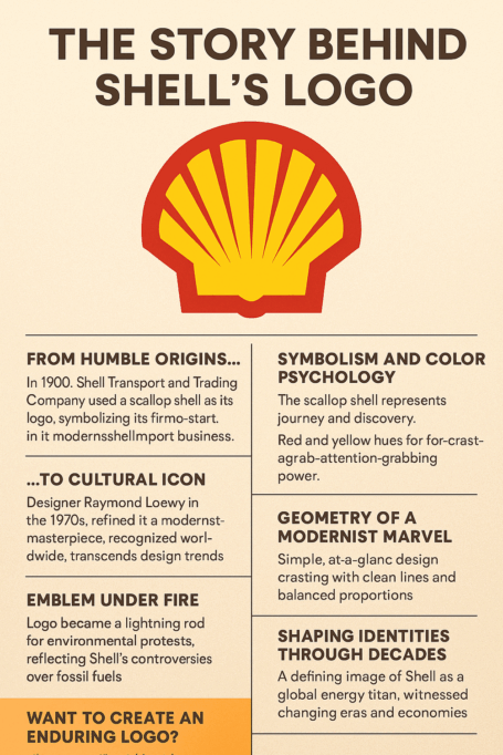 Infographic breaking down the history, symbolism, design, and cultural significance of Shell’s red-and-yellow scallop shell logo.