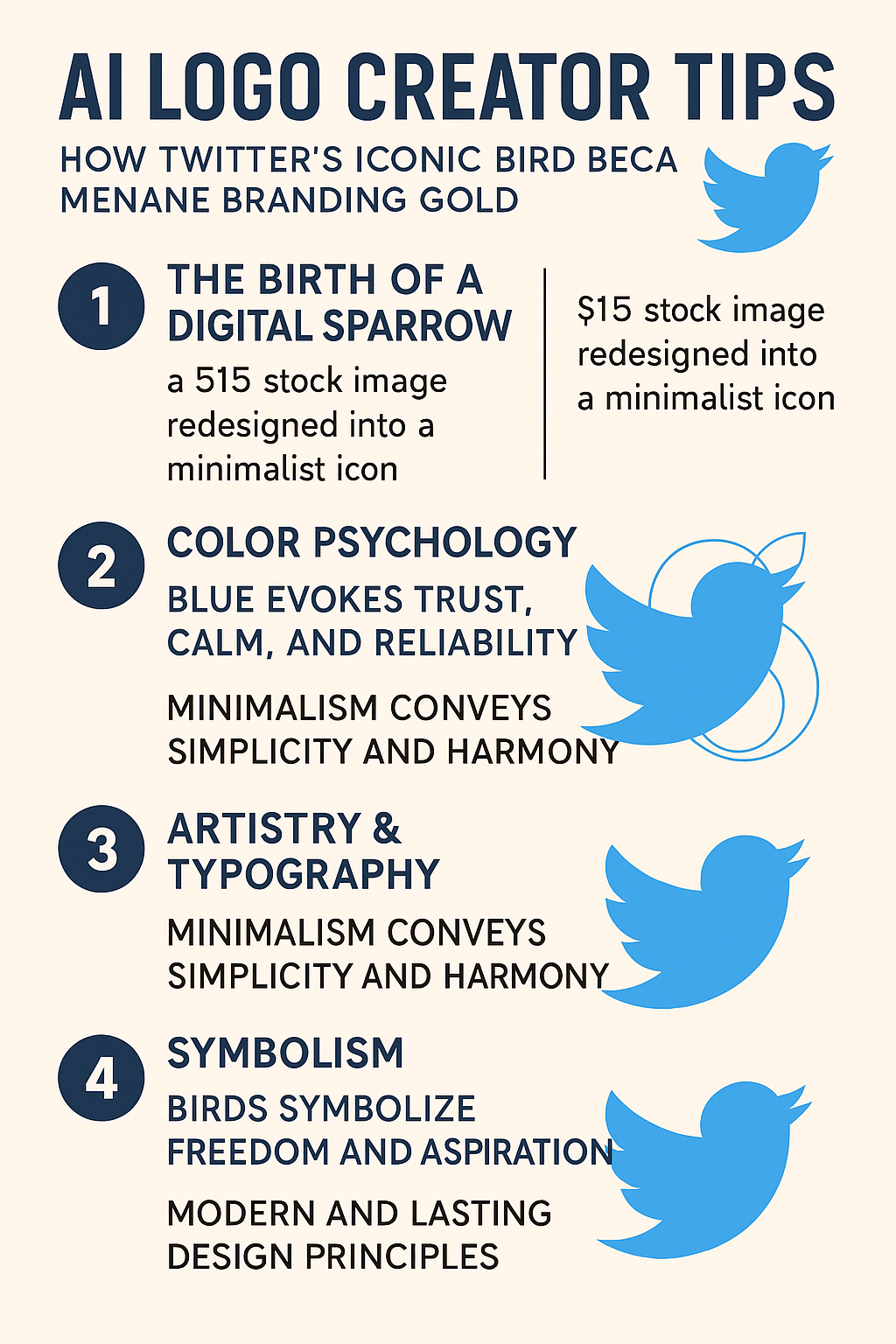 Infographic titled "AI Logo Creator Tips" outlining how Twitter’s bird logo became a branding success, with key takeaways on minimalism, color psychology, and symbolism.