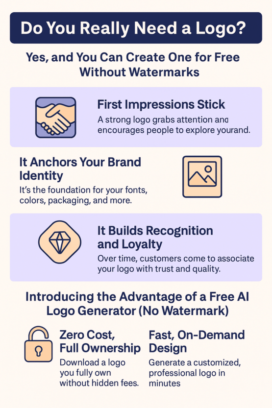 Infographic explaining the importance of a logo and how to create one for free using an AI logo generator without watermark.