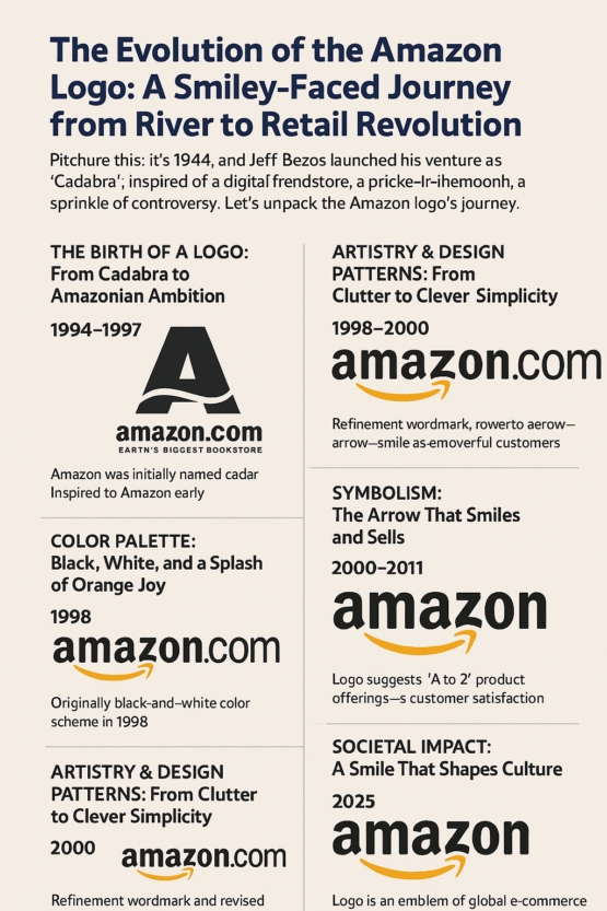 Infographic showing the evolution of the Amazon logo from 1995 to 2025, including the original river “A” design, the 2000 arrow-smile, and modern digital adaptations.