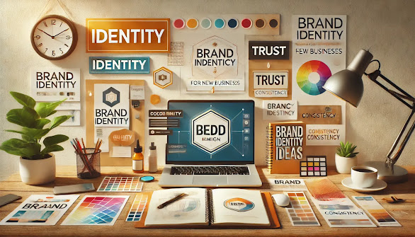 Creative branding workspace with color palettes, brand identity boards, design tools, and trust consistency signs on a desk
