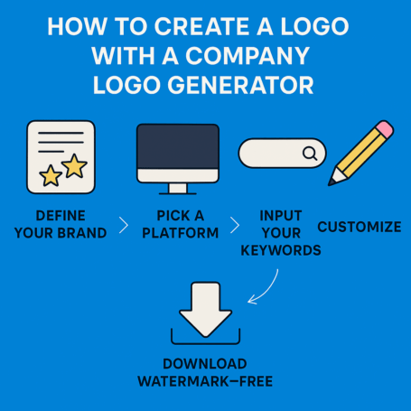Infographic showing five simple steps to create a logo using a company logo generator, from defining your brand to downloading the final watermark-free design.