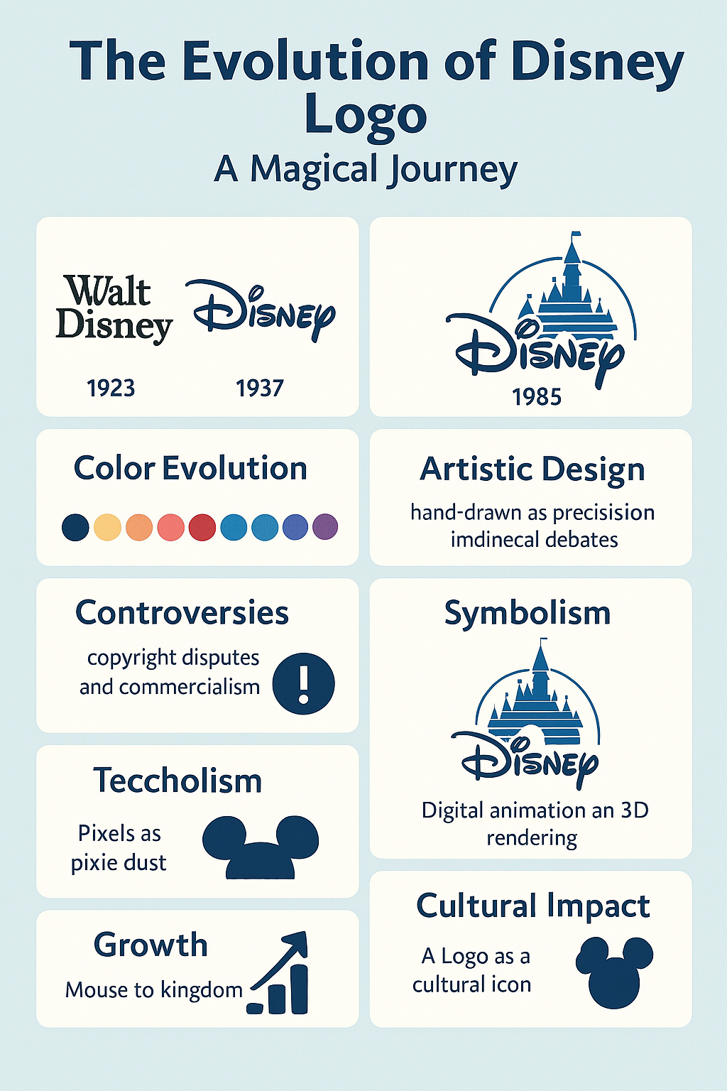 A flat-style digital infographic showing the timeline of Disney’s logo evolution from 1923 to present day, with key design changes, color shifts, and branding takeaways for AI logo makers.