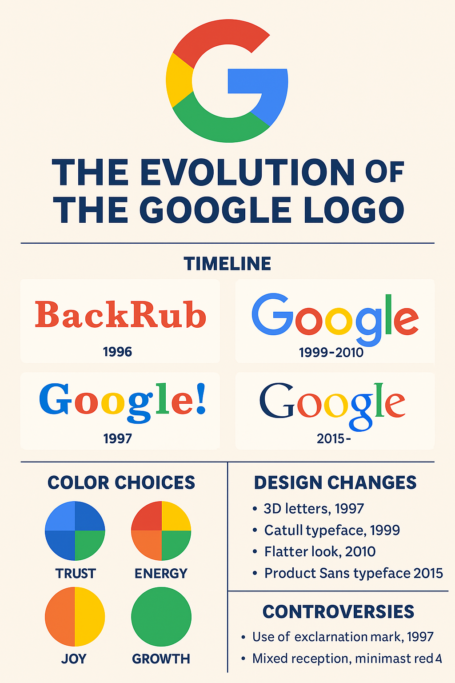 Infographic showing the evolution of the Google logo from 1997 to 2015 with highlights on typography, color, and design changes.