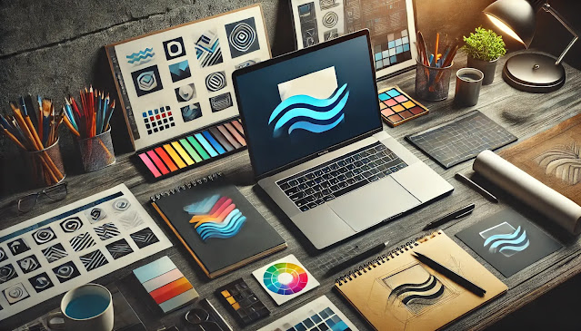 A designer's workspace featuring logo sketches, color palettes, and digital tools for creating brand identities.