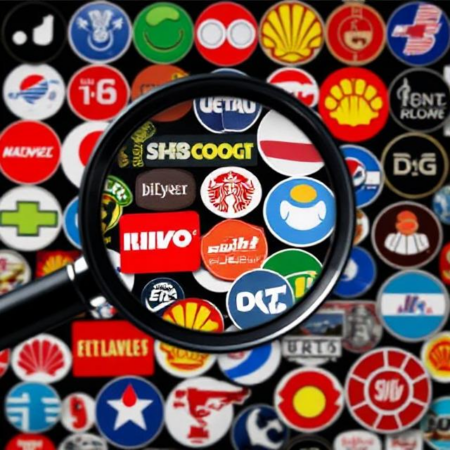 Magnifying glass focusing on a collection of colorful brand logos from various companies