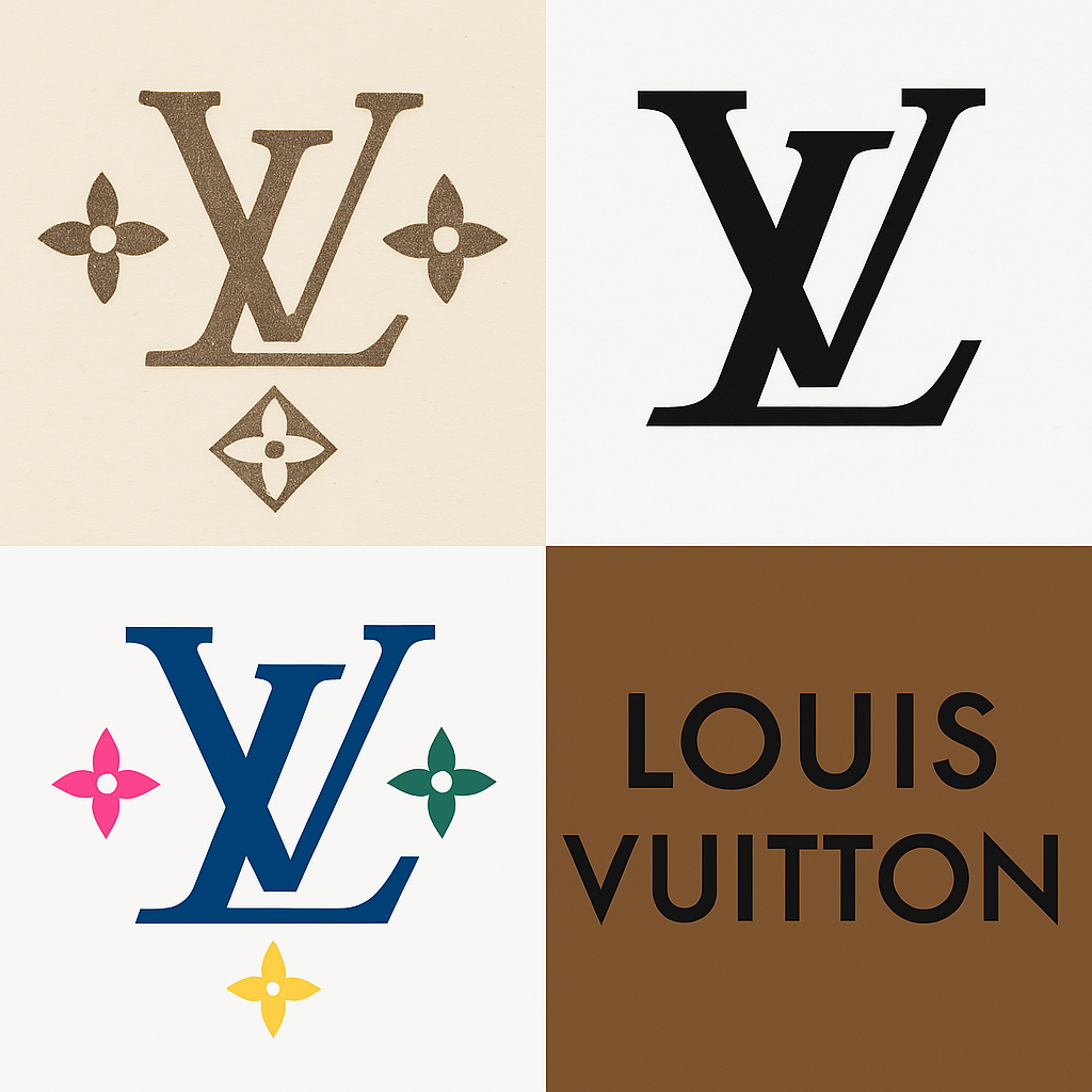Louis Vuitton logo evolution from 1896 to modern collaborations Infographic showing the Louis Vuitton logo evolution, including its origin, color shifts, collaborations, and controversies.
