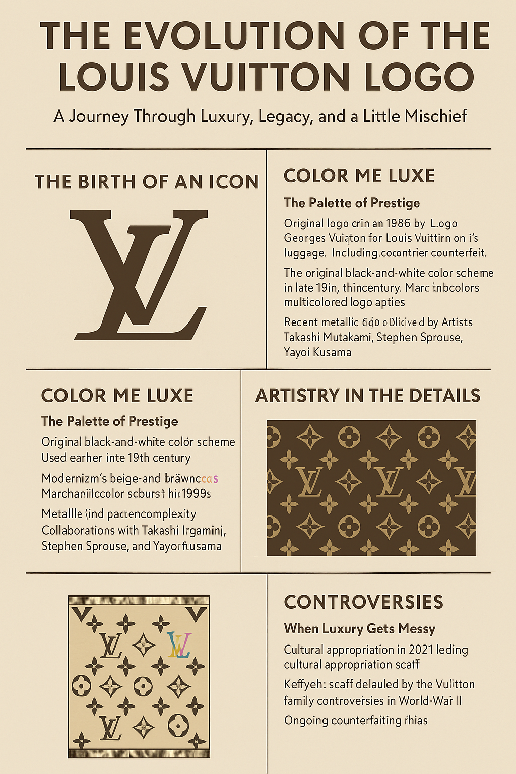An infographic titled "The Evolution of the Louis Vuitton Logo" features four sections—The Birth of an Icon, Color Me Luxe, Artistry in the Details, and Controversies—each illustrated with stylized versions of the LV monogram, showcasing the logo’s transformation from 1896 to the present day.