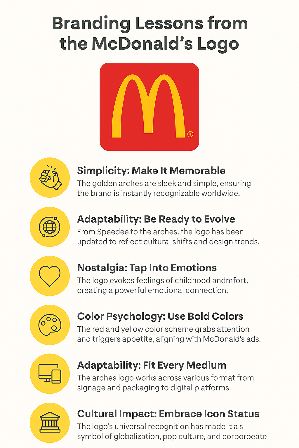 Infographic summarizing key branding lessons from the McDonald’s logo, including simplicity, adaptability, color psychology, and global cultural influence.