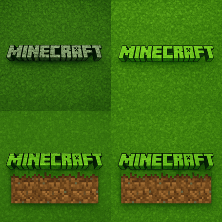 Collage showing variations of the Minecraft logo using grass and dirt textures, displayed on vibrant green pixelated backgrounds.
