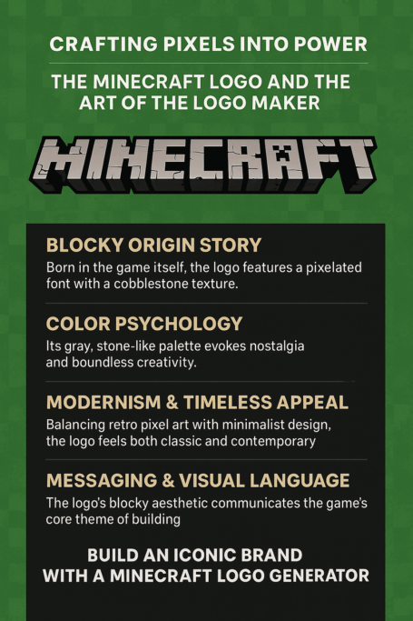 Infographic summarizing the Minecraft logo’s design insights, covering its origin story, color psychology, modern appeal, and visual messaging for logo creators.