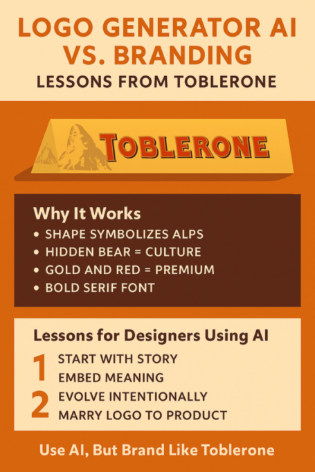 Infographic comparing logo generator AI tools with traditional branding, using Toblerone’s logo as a design case study.