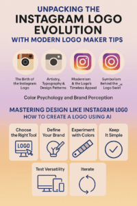 Infographic detailing the artistic evolution and branding insights behind the Instagram logo.