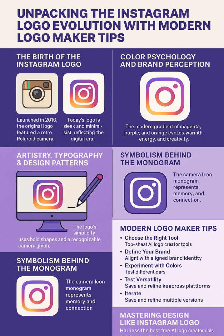 Infographic illustrating the evolution and design principles of the Instagram logo from 2010 to modern day.
