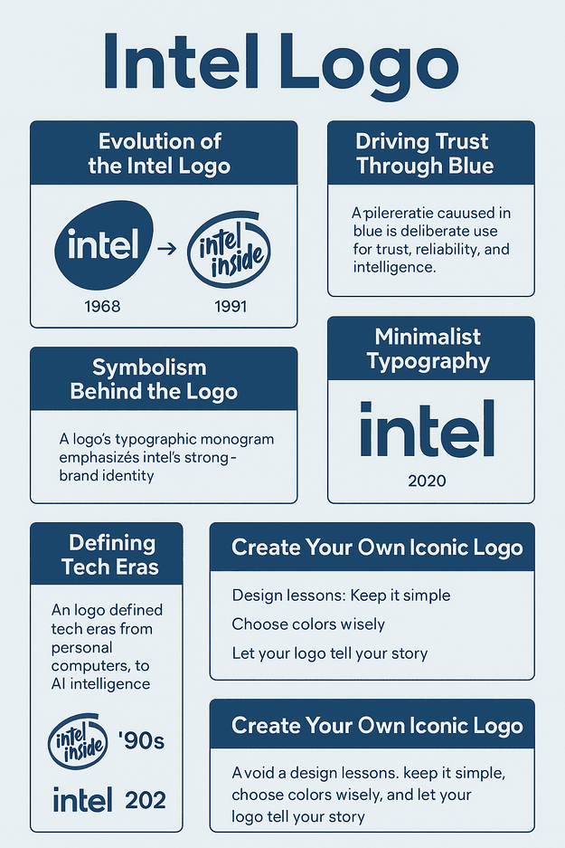 A vertical infographic showcasing the evolution of the Intel logo from 1968 to 2022, featuring six key logo designs, color palettes, and design insights with a blue tech-inspired theme.