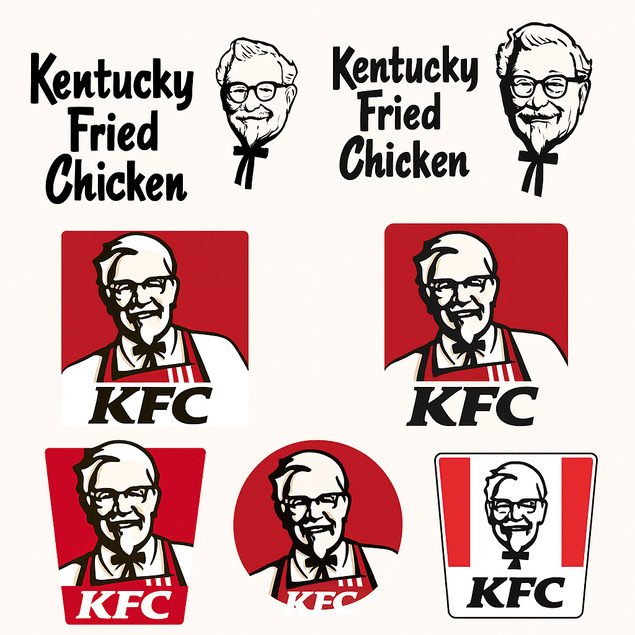 A collage of six KFC logos displayed chronologically, showcasing the brand’s visual evolution from the original "Kentucky Fried Chicken" wordmark with a detailed Colonel Sanders illustration to the modern minimalist KFC logo with bold red and white backgrounds.