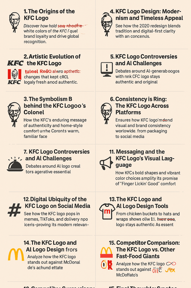 A visual infographic titled "The KFC Logo: A Finger-Lickin' Good Lesson in Branding," featuring 16 key sections analyzing the history, symbolism, and modern evolution of the KFC logo. Each section is paired with a minimalist icon and brief description.