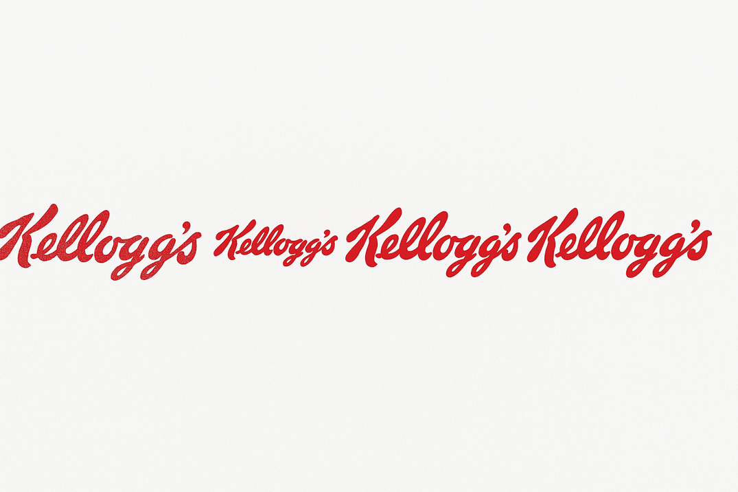 A digital collage showcasing the evolution of the Kellogg's logo from 1906 to the present day, featuring four distinct versions in red script.