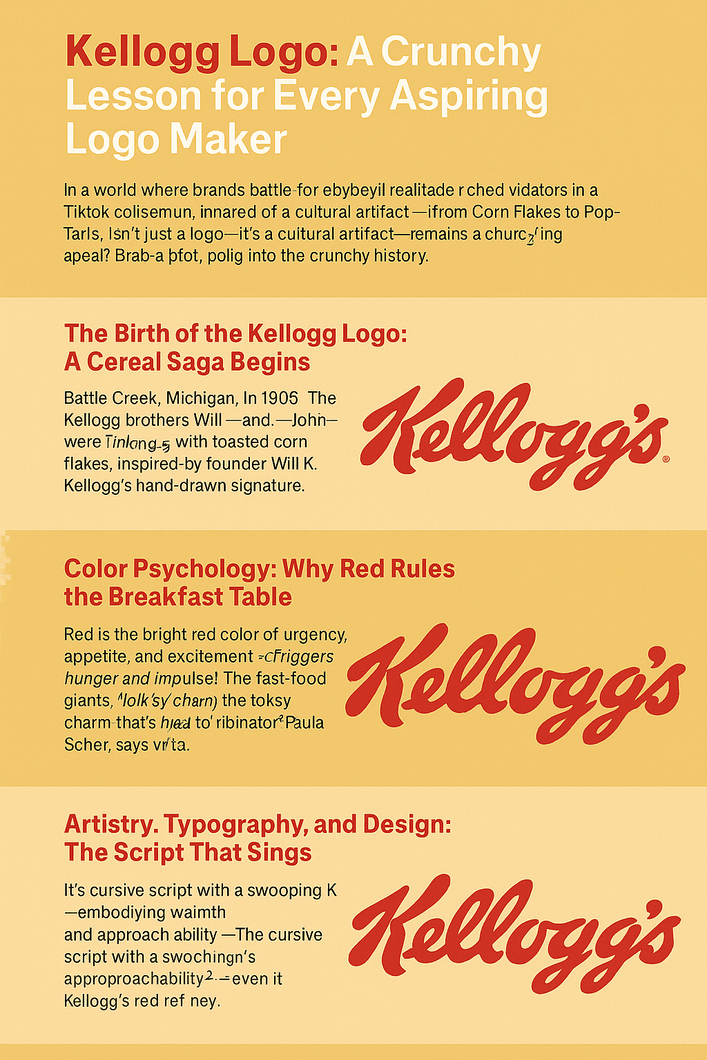 Infographic illustrating the evolution, design strategy, color psychology, and branding lessons behind the iconic red Kellogg logo.
