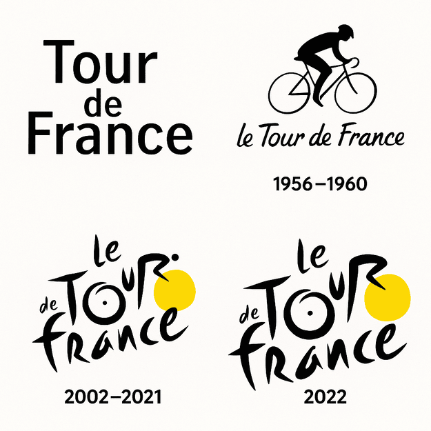 A collage of four Tour de France logos from different eras, illustrating the brand’s evolution from minimalist typography to the dynamic cyclist silhouette in the modern version.