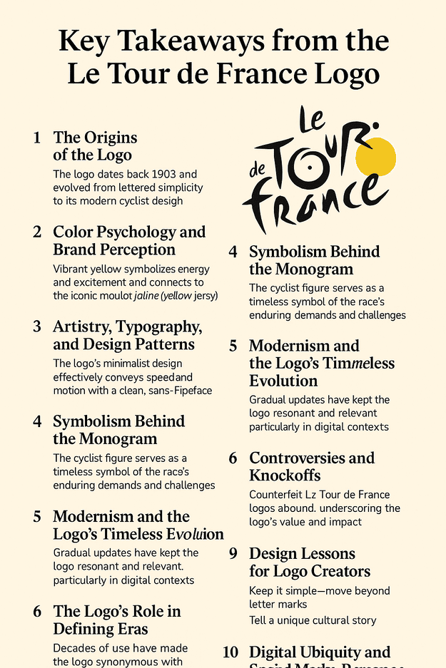 A high-resolution infographic titled “Key Takeaways from the Le Tour de France Logo,” summarizing the evolution, symbolism, color psychology, and modern branding of the iconic logo in 10 sections with a minimalist beige background and bold black and yellow accents.