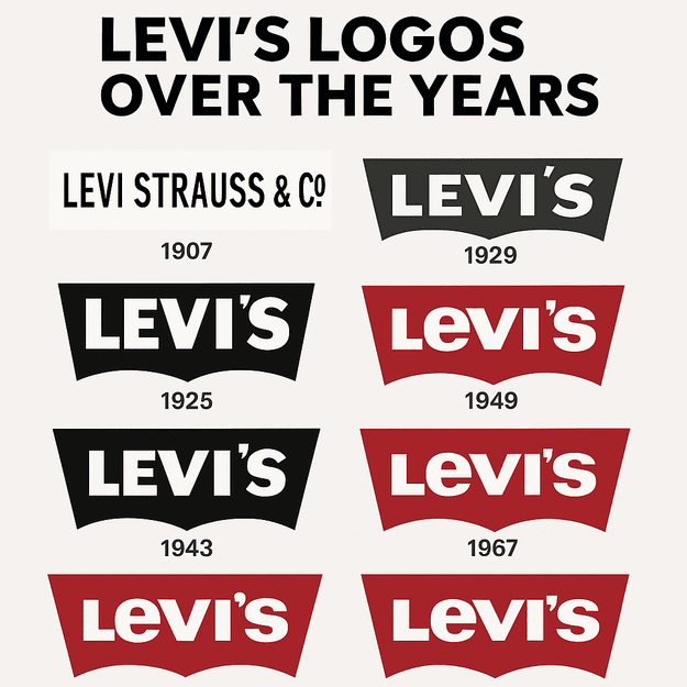 A digital collage titled "Levi’s Logos Over the Years," featuring eight versions of the Levi’s logo from 1907 to 1967, arranged in two rows on a white background, showcasing the brand’s design evolution.