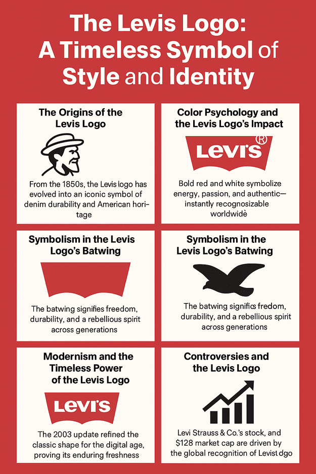 An infographic titled “The Levis Logo: A Timeless Symbol of Style and Identity,” featuring eight sections that highlight the evolution, color psychology, symbolism, modern updates, and economic impact of the Levi’s logo.