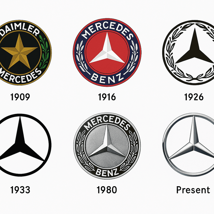 Collage of six Mercedes-Benz logos from 1909 to the present, showing the evolution from laurel wreaths to the modern silver three-pointed star.