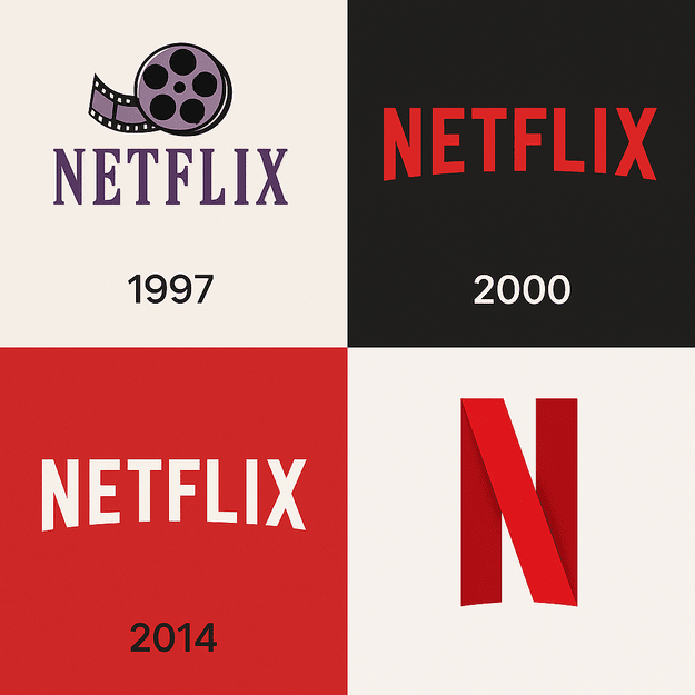 A collage of Netflix logos from 1997 to the present in a 2x2 grid: the 1997 VHS-era logo with a film reel, the 2000 red wordmark logo, the 2014 modern red wordmark, and the current minimalist red "N" icon.